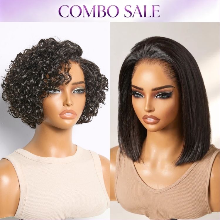 2 For 1 | Natural Black Water Wave Pixie Cut Glueless Minimalist HD Lace Short Curly Wig + Pre-do Lagos Hairline Flexi Fit Invisi Drawstring Cap Silky Straight Bob 13x4 Frontal HD Lace Wig-01