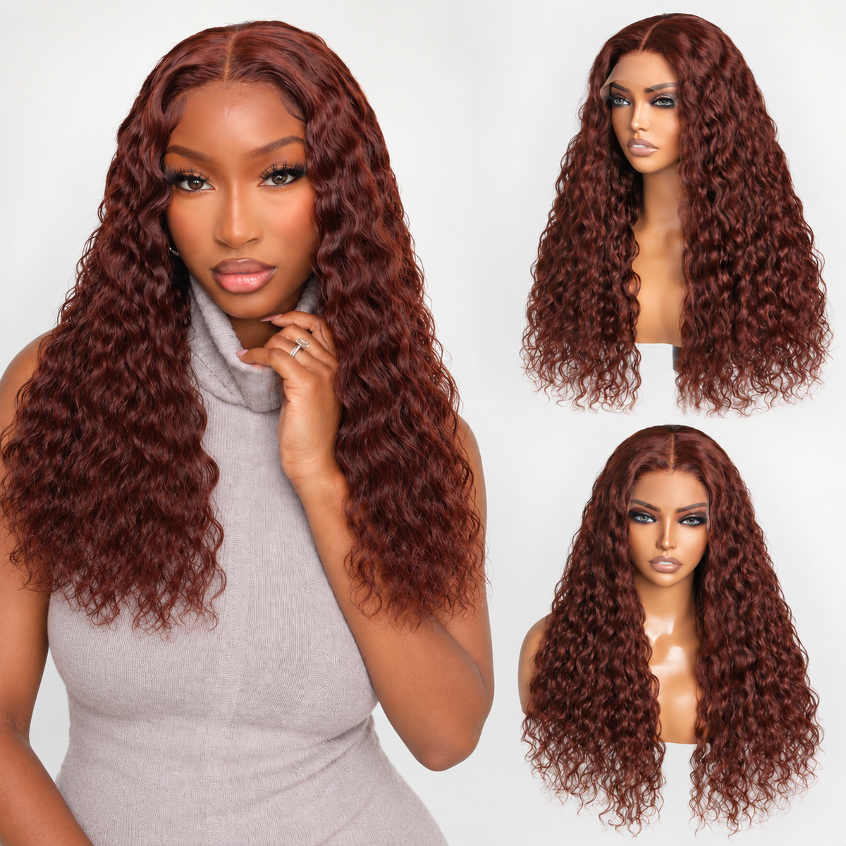 OUTLET | Casual Reddish Brown Curly 5x5 Closure Lace Glueless Mid Part Long Curly Wig 100% Human Hair-08