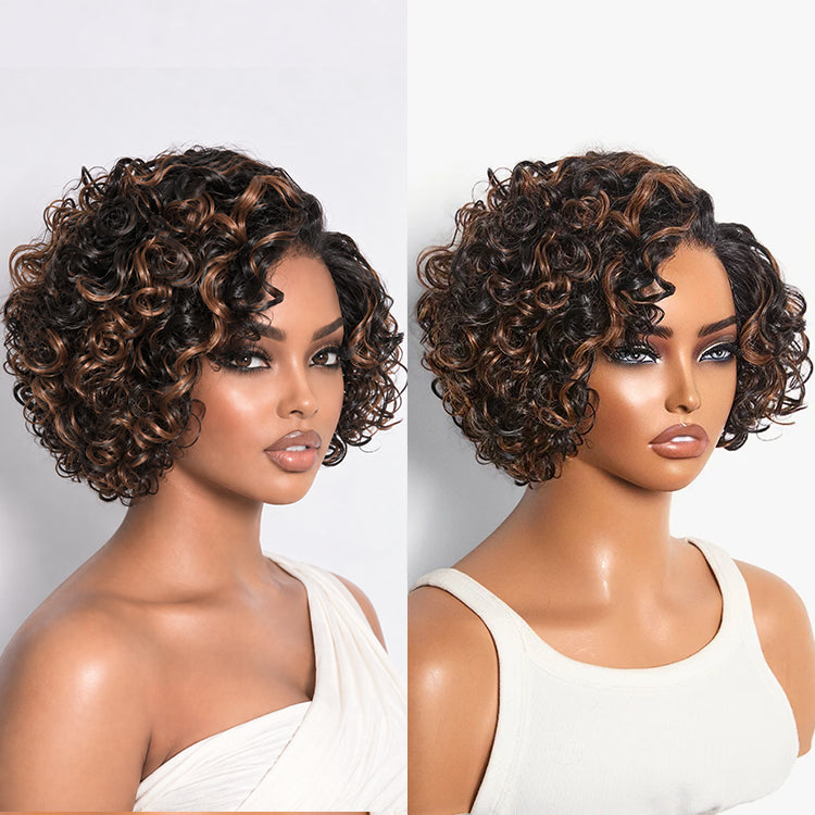 Natural Black / Brown Highlight Water Wave Pixie Cut Glueless Minimalist HD Lace Short Curly Wig-31