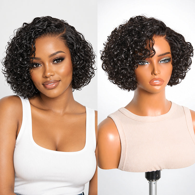 Natural Black / Brown Highlight Water Wave Pixie Cut Glueless Minimalist HD Lace Short Curly Wig-30