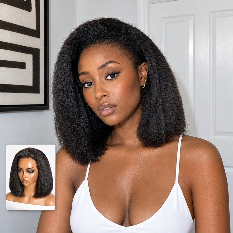 3-In-1 Half Wig 180% Density Kinky Straight Bob Glueless Flexi-Fit Drawstring Wig-20