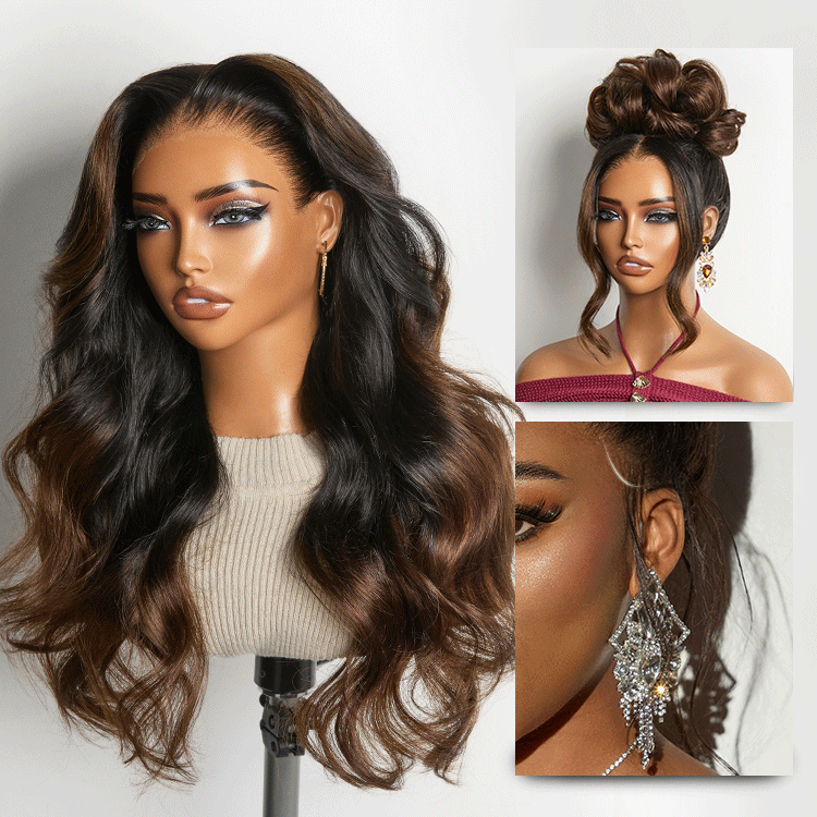 NatureMAX™ 200% Density Natural Black/Ombre Brown Loose Wave Glueless 13x6 HD Lace Front Wig Human Hair Pre-Cut Lace Flexi-Fit Drawstring Cap-25