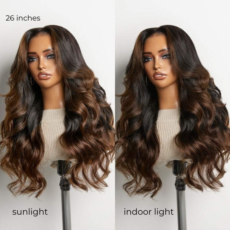 NatureMAX™ 200% Density Natural Black/Ombre Brown Loose Wave Glueless 13x6 HD Lace Front Wig Human Hair Pre-Cut Lace Flexi-Fit Drawstring Cap-34