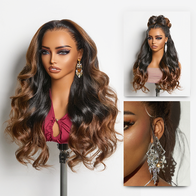 NatureMAX™ 200% Density Natural Black/Ombre Brown Loose Wave Glueless 13x6 HD Lace Front Wig Human Hair Pre-Cut Lace Flexi-Fit Drawstring Cap-29