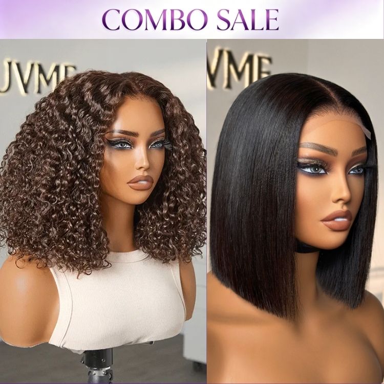 2 For 1 | VolumeMAX™ 220% Density Beginner Friendly Chestnut Brown 5x5 Closure HD Lace Lace Curly Wig+ ReadytoGo 4x4 Lace Blunt Cut Bob Wig Bone Straight-01