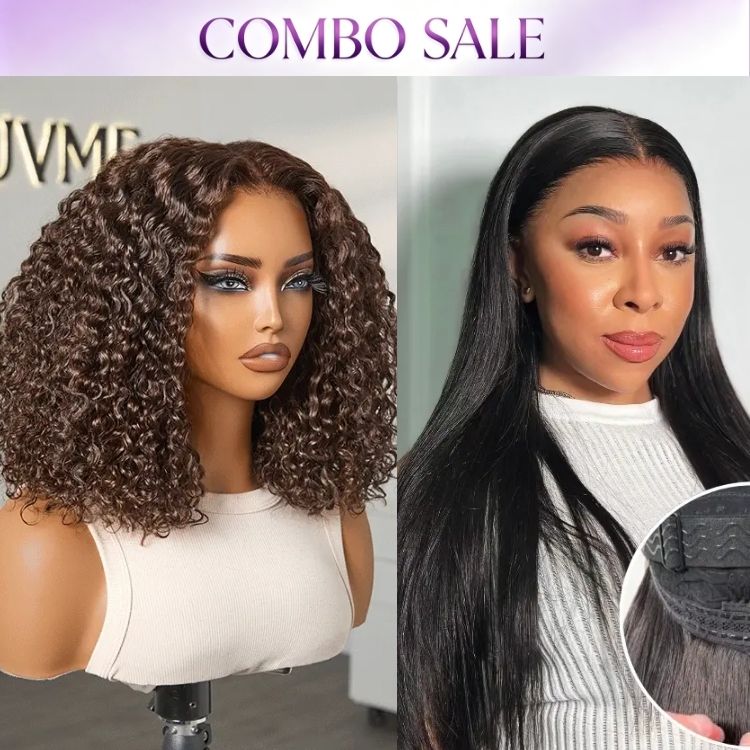 2 For 1 | VolumeMAX™ 220% Density Beginner Friendly Chestnut Brown 5x5 Closure HD Lace Lace Curly Wig+Flexi-Fit Silky Straight Invisi Drawstring Cap Regular Lace Glueless 13x4 Frontal Lace Human Hair Wig-01