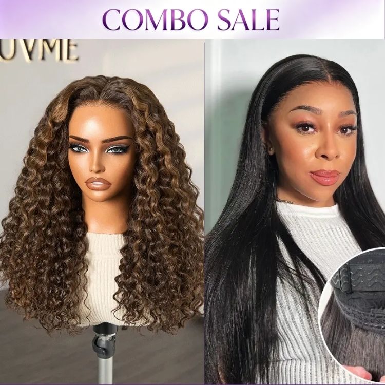 2 For 1 | VolumeMAX™ 200% Density Brown Highlights Flexi-Fit Invisi Drawstring Cap Glueless 360 Lace Super Natural Hairline Water Wave+Flexi-Fit Silky Straight Invisi Drawstring Cap Regular Lace Glueless 13x4 Frontal Lace Human Hair Wig-01