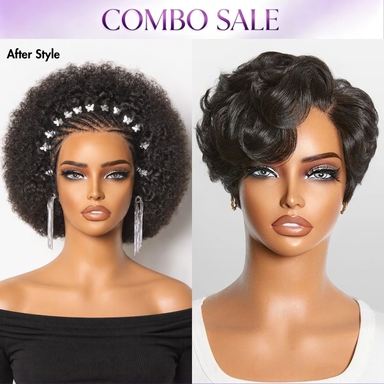 2 For 1 | Beginner Friendly Natural Black Lightweight Roll Curl Glueless Minimalist HD Lace Short Pixie Cut Wig + 170% Density ReadytoGo Knotless Fulani Braids Natural Afro Glueless 13x4 Frontal Lace Wig-01