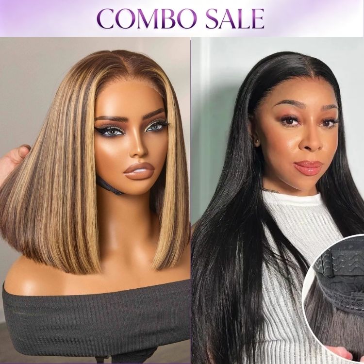 2 For 1 | Flexi-Fit Silky Straight Invisi Drawstring Cap Regular Lace Glueless 13x4 Frontal Lace Human Hair Wig+Honey Blonde Highlight 200% Density ReadytoGo Super Double Drawn 4x4 Lace Wig-01
