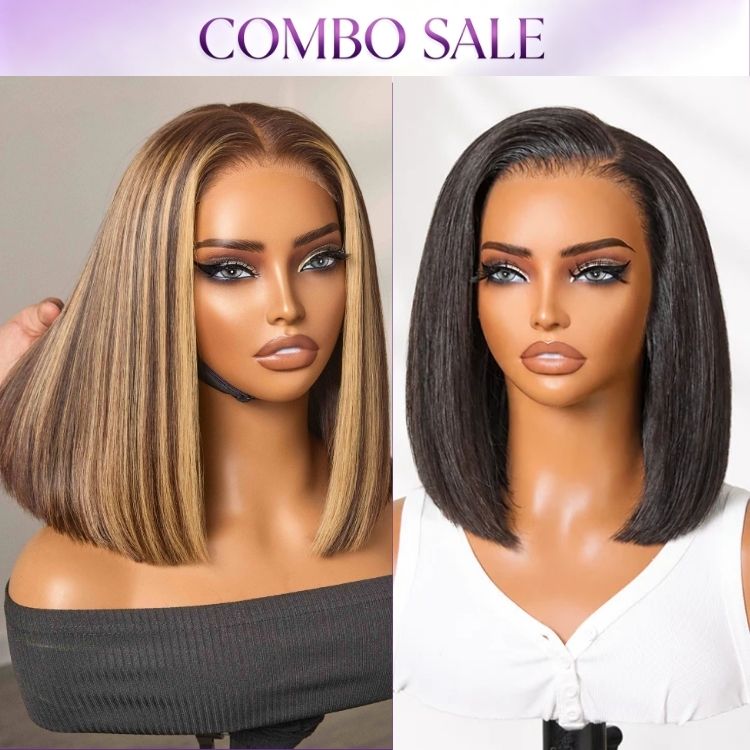 2 For 1 | NatureMAX™ Silky Blunt Cut Bob Glueless Ear-to-ear 13x4 HD Lace Front Wig+Honey Blonde Highlight 200% Density ReadytoGo Super Double Drawn 4x4 Lace Wig-01