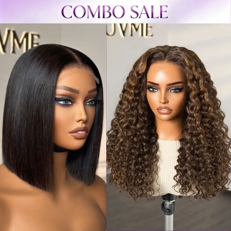 2 For 1 | VolumeMAX™ 200% Density Brown Highlights Flexi-Fit Invisi Drawstring Cap Glueless 360 Lace Super Natural Hairline Water Wave+ReadytoGo 4x4 Lace Blunt Cut Bob Wig Bone Straight-01
