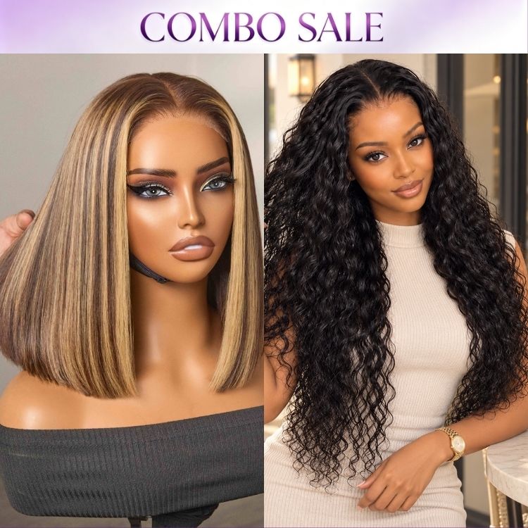 2 For 1 | PreMax 180% Water Wave Glueless Flexi-Fit Drawstring 13x4 Frontal Lace Fluffy Curly Wig+Honey Blonde Highlight 200% Density ReadytoGo Super Double Drawn 4x4 Lace Wig-01