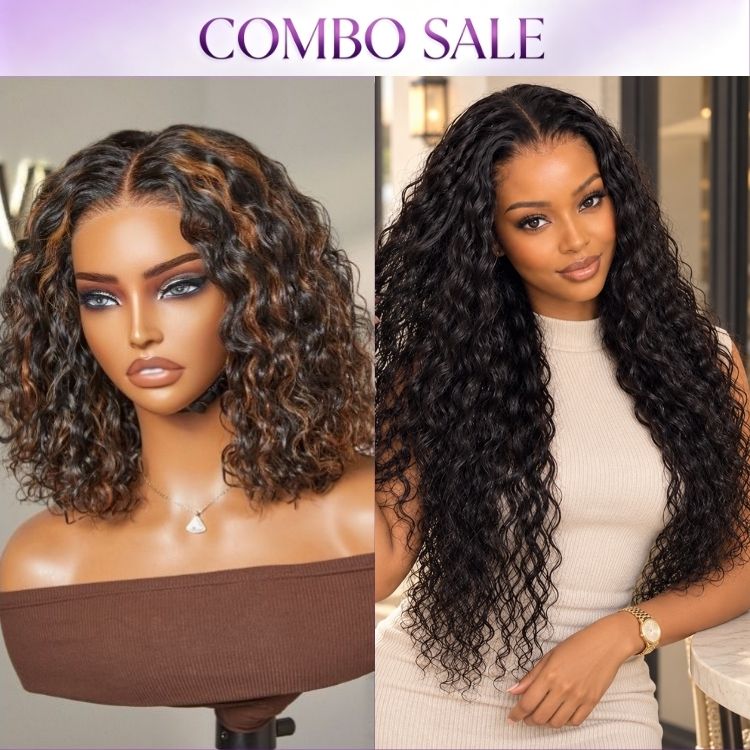2 For 1 | PreMax 180% Water Wave Glueless Flexi-Fit Drawstring 13x4 Frontal Lace Fluffy Curly Wig+Highlight Brown 180% Density Deep Wave 4x4 Closure Lace Wig-01