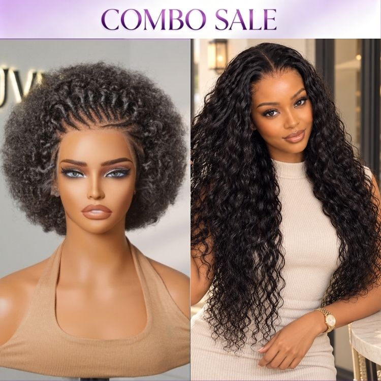 2 For 1 | PreMax 180% Water Wave Glueless Flexi-Fit Drawstring 13x4 Frontal Lace Fluffy Curly Wig+170% Density Knotless Fulani Braids Natural Afro Glueless 13x4 Frontal Lace Wig-01