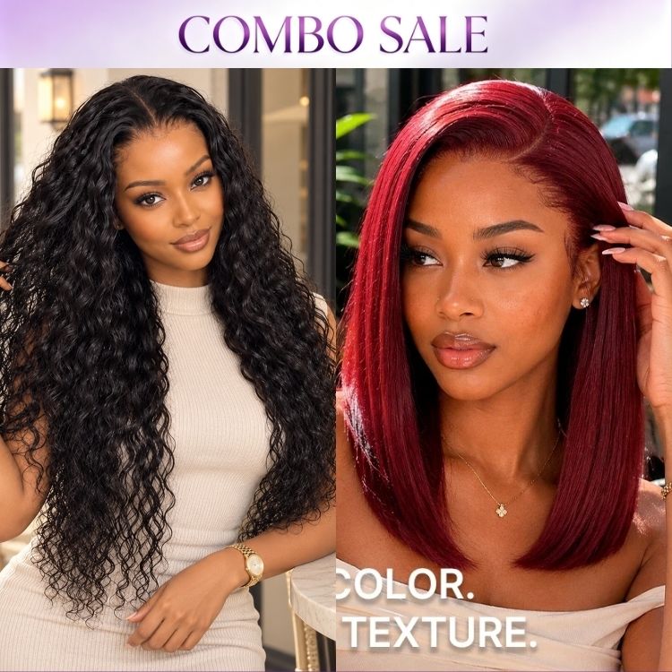 2 For 1 | PreMax 180% Water Wave Glueless Flexi-Fit Drawstring 13x4 Frontal Lace Fluffy Curly Wig+Ready to Go 180% Density Burgundy Glueless Minimalist HD Lace Short Bob Wig-01