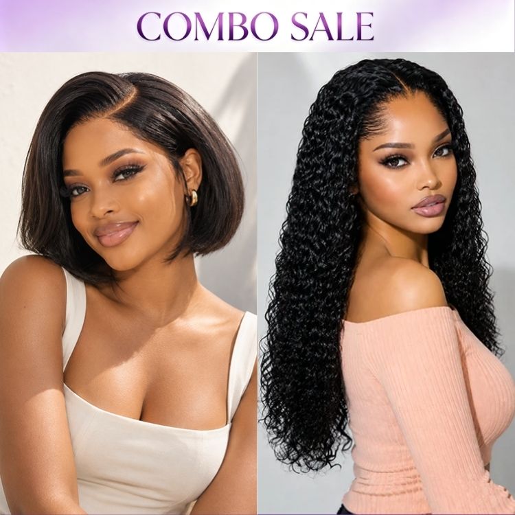 2 For 1 | Pre-do Lagos Hairline Flexi Fit Invisi Drawstring Cap 200% Density New Fummi Curly Glueless 13x4 Frontal Lace Wig+ 180% Density Sleek Short Bob Minimalist HD Lace Wig-01