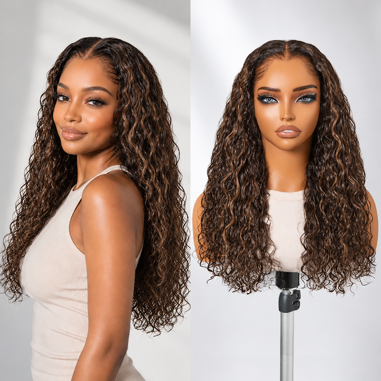 OUTLET I Pre-do Lagos Hairline Flexi Fit Invisi Drawstring Cap 200% Density Chestnut Brown with Honey Blonde Highlights Water Wave Glueless 13x4 Frontal HD Lace Wig-SA ONLY-01