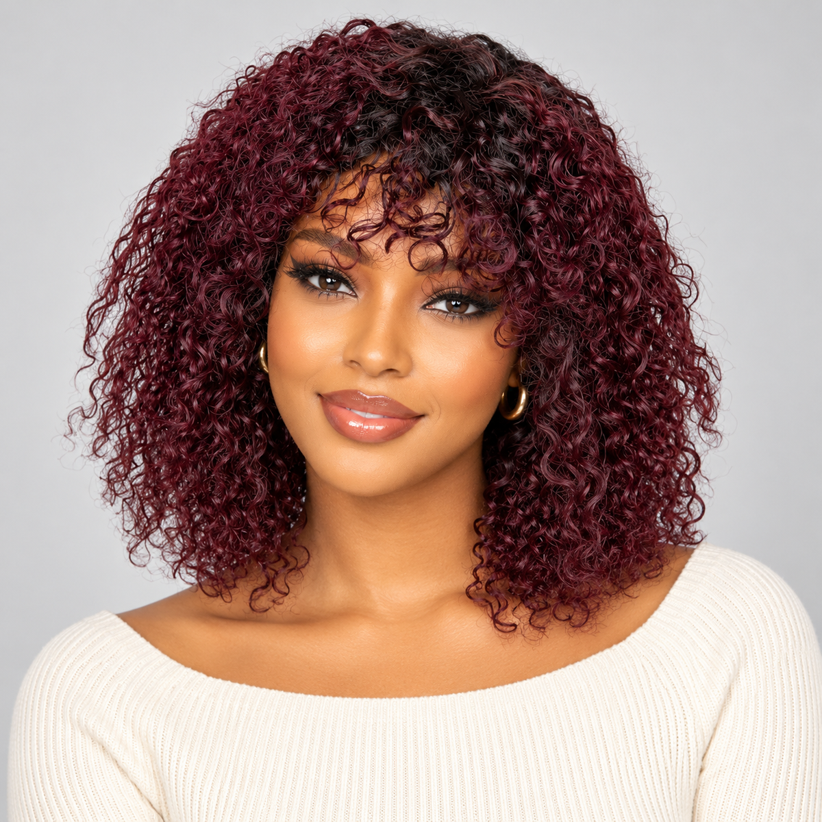 Today's Limited Flash Sale | Dark Red Glueless Curly Wigs Human Hair with Bangs-04