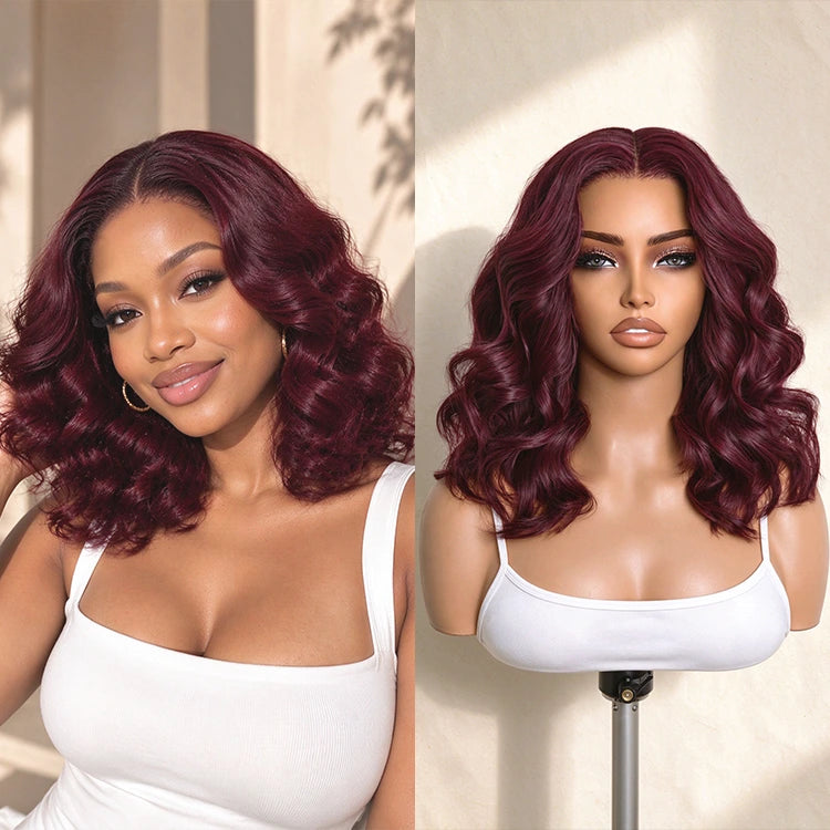 Burgundy Loose Wave Minimalist HD Lace Glueless Mid Part Short Wig with All-Day Comfort Cap Pre-cut Lace-01