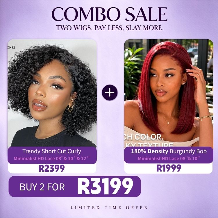 2 For 1 | Trendy Short Cut Curly Minimalist HD Lace Glueless Side Part Wig+ 180% Density Burgundy Glueless Minimalist HD Lace Short Bob Wig-03