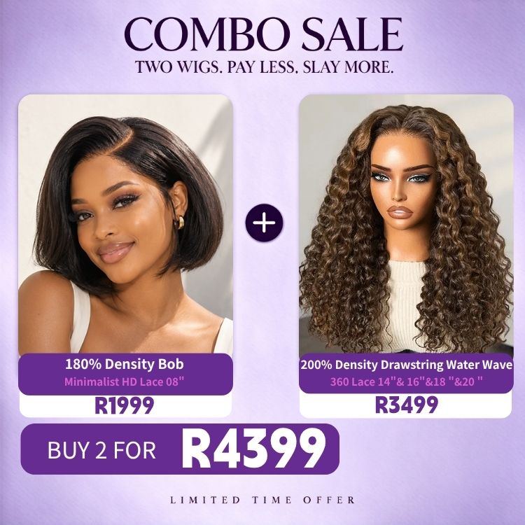 2 For 1 | 200% Density Brown Highlights Drawstring Cap 360 Lace Water Wave Wig+ 180% Density Sleek Short Bob Minimalist HD Lace 8 inches Wig-01