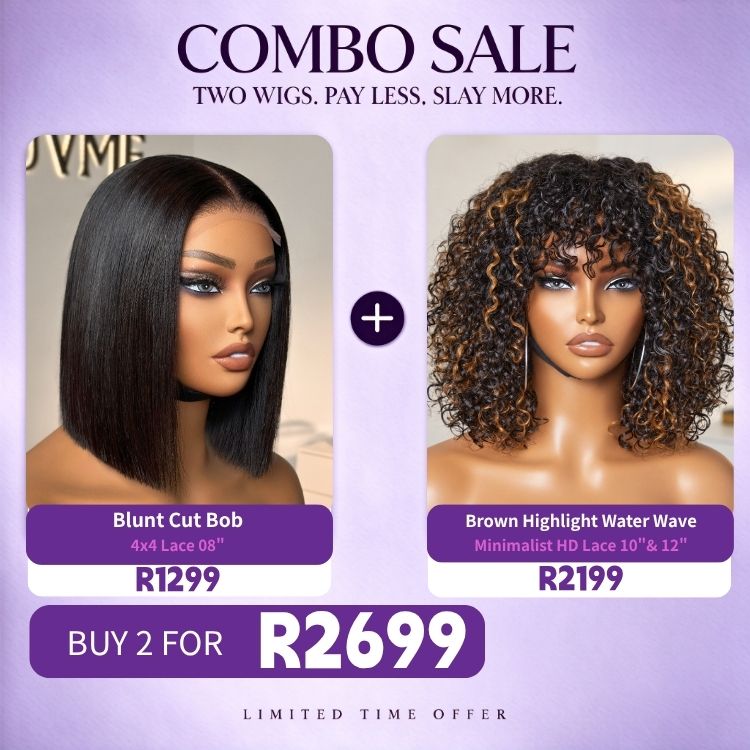 2 For 1 | ReadytoGo 4x4 Lace Blunt Cut Bob 08 inches Wig +Brown Highlight Water Wave with Bangs Wig-04