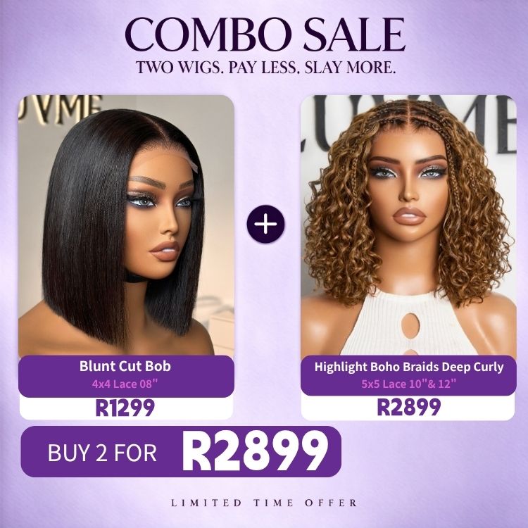 2 For 1 | ReadytoGo 4x4 Lace Blunt Cut Bob 08 inches Wig +Ombre Brown Highlight Boho Braids Deep Curly 5x5 Lace Wig-01