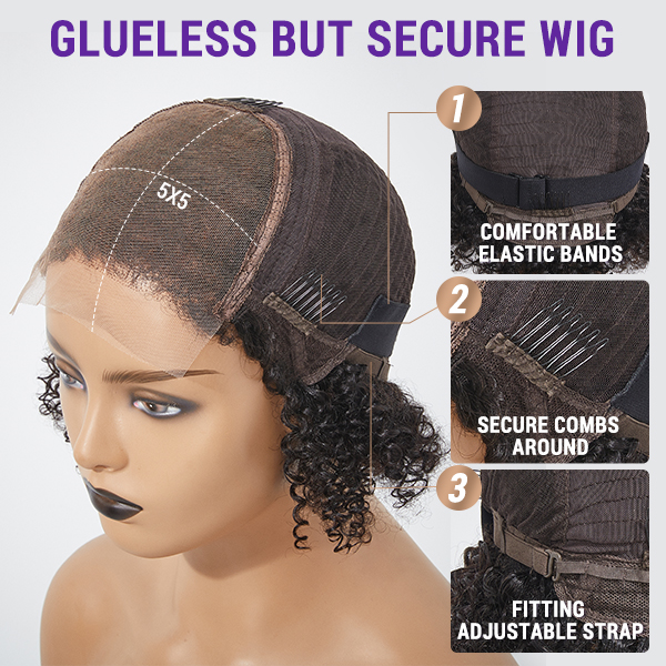 4C Edges | Kinky Edges Jerry Curly 5x5 Closure Lace Glueless Side Part Short Wig-10
