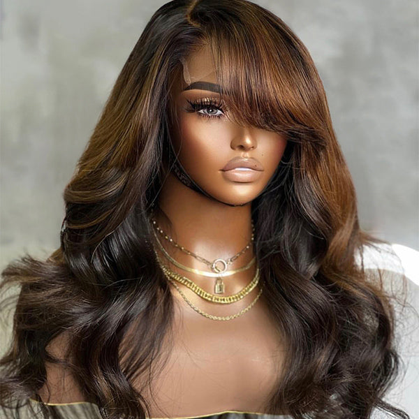 Outlet | Brown Mix Black C Part Glueless Loose Wave 5x5 Closure Wig With Bangs 100% Human Hair-03