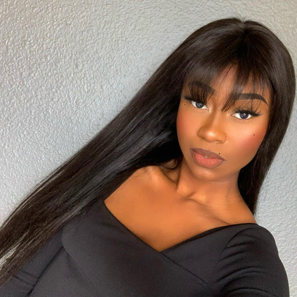 OUTLET I Throw On & Go Natural Black Straight Minimalist Lace Glueless Long Wig With Bangs-02