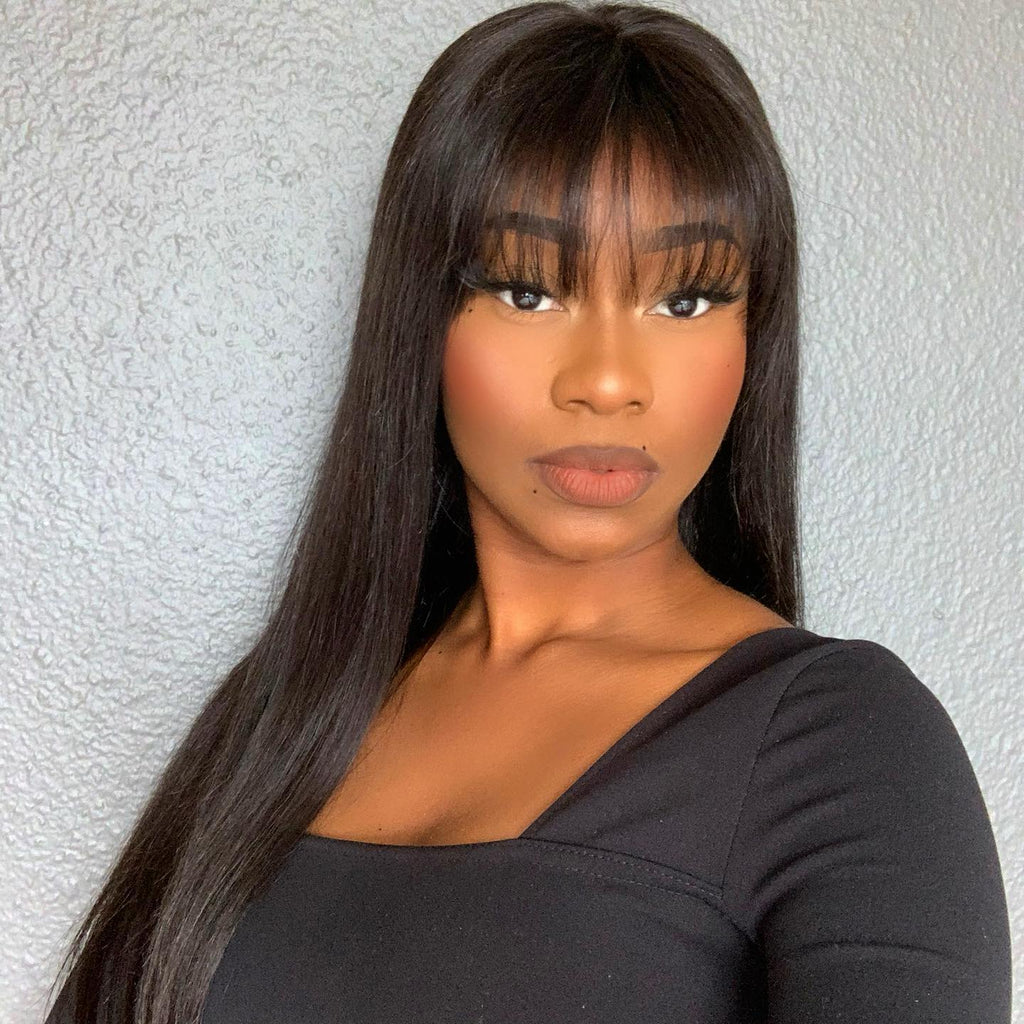 OUTLET I Throw On & Go Natural Black Straight Minimalist Lace Glueless Long Wig With Bangs-01
