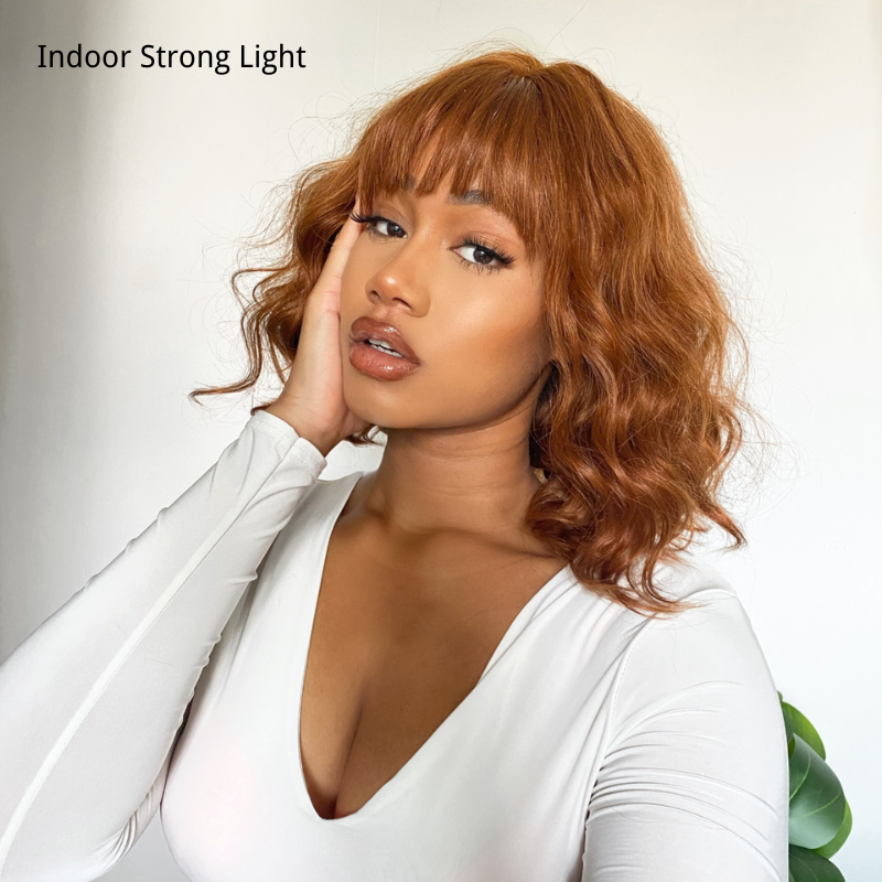 Caramel Brown Soft Wavy Glueless Lace Bob Wig with Bangs