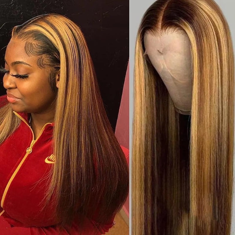 Highlight Brown Straight Full Frontal Lace Wig Middle Part
