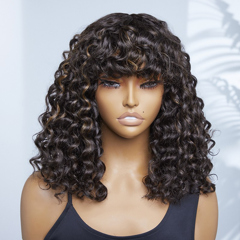 Mix Color Highlight Posh Curl Glueless Wig With Bang