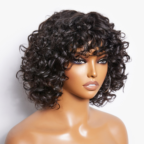 Light Weight Short Cut Water Wave Glueless HD Lace Wig With Bangs