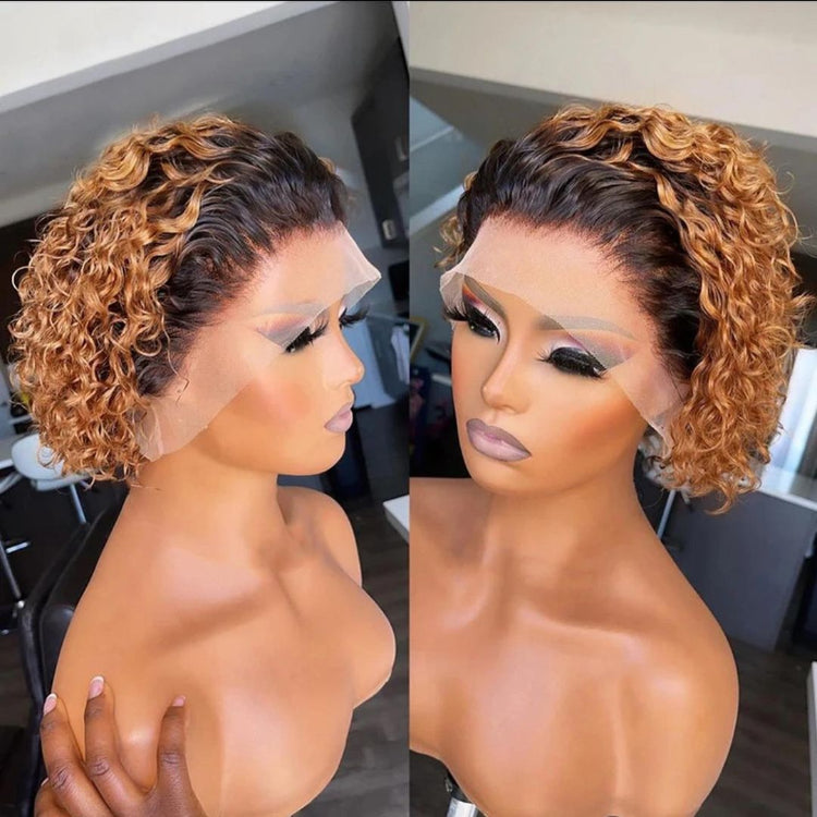 Hot Pixie Curly Blonde Ombre And Natural Black 13x1 Lace Wig