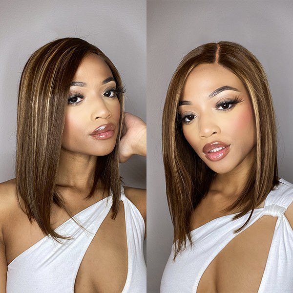 Worth |Highlights Bronze Brown Bob Wig Glueless T Part Simple Lace Wig 12 Inches