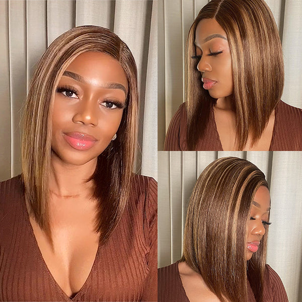 Worth |Highlights Bronze Brown Bob Wig Glueless T Part Simple Lace Wig 14 Inches
