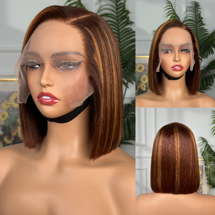 ReadytoGo Highlight Brown Glueless Bob Frontal T Part Lace Wig Side Part | PrePlucked+KnotsBleached