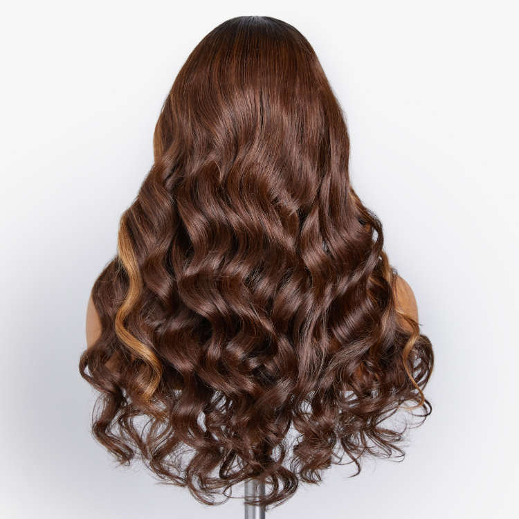 Breathable Cap Brown Highlight Loose Wave Glueless 5x5 Closure HD Lace Wig With Curtain Bangs