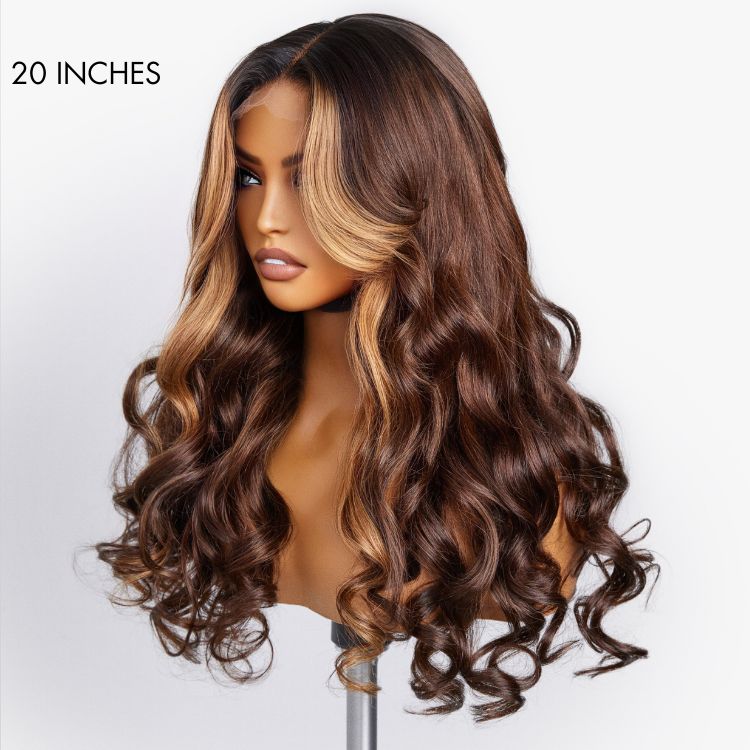 Breathable Cap Brown Highlight Loose Wave Glueless 5x5 Closure HD Lace Wig With Curtain Bangs