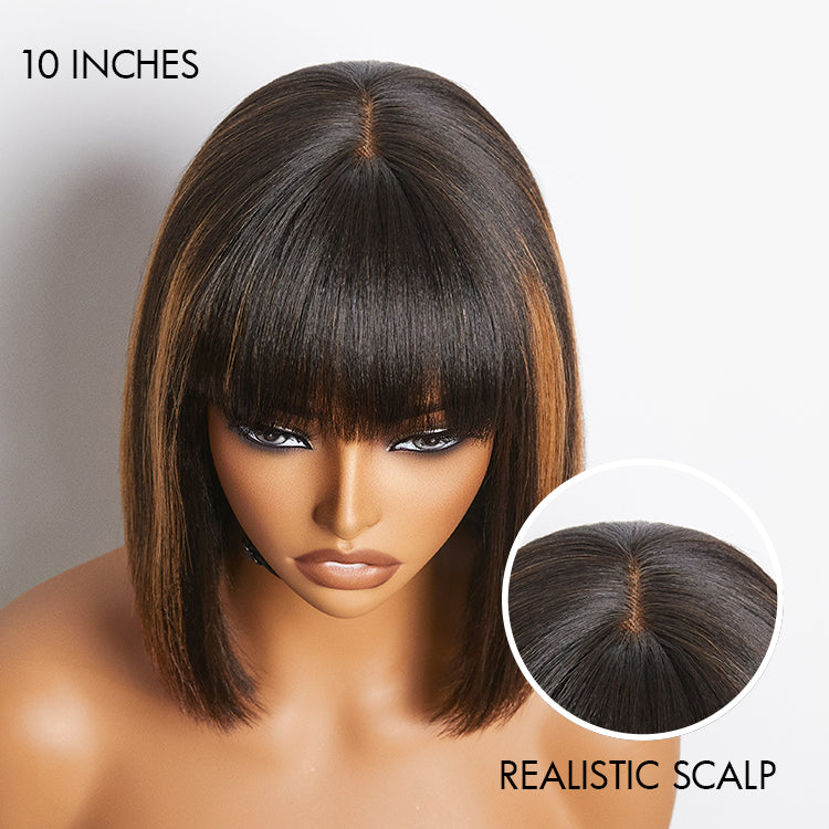 Breathable Cap Brown Highlight Glueless Yaki Straight HD Lace Bob With Bangs