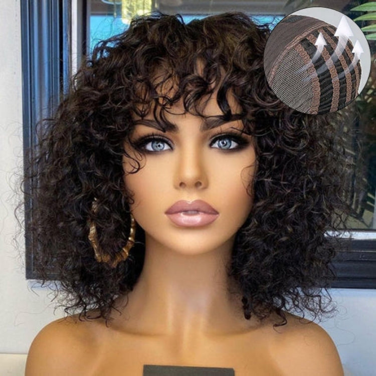ReadytoGo Short Curly Bob Wig With Bangs Glueless HD Lace Wig