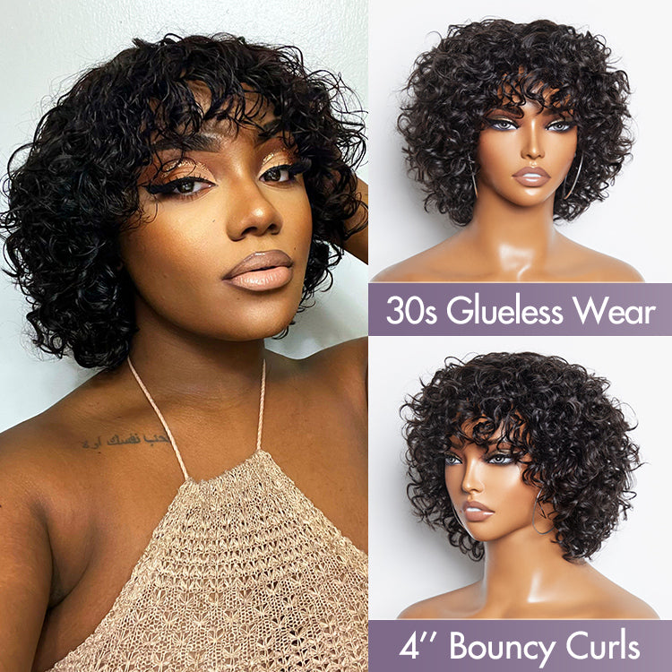 Trendy Water Wave Light Weight Glueless No Lace Short Cut Wig with Bangs