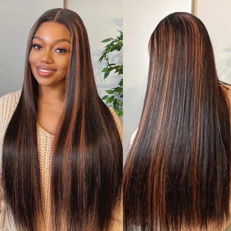 Elegant Copper Ombre Highlights Silky Straight / Loose Body Wave Glueless 5x5 Closure Lace Wig