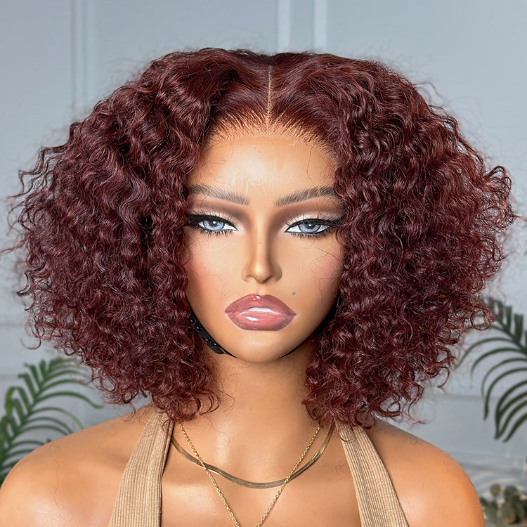 Dark Reddish Brown Water Wave Glueless 5x5 Closure Lace Short Curly Wig