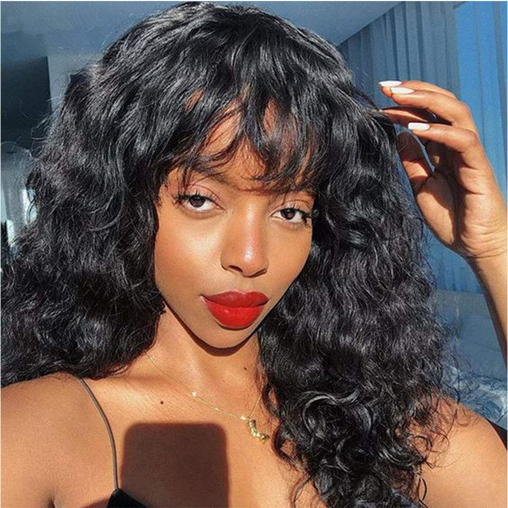 Worth |Natural Black Water Wave Glueless Wig With Bang 16 inches