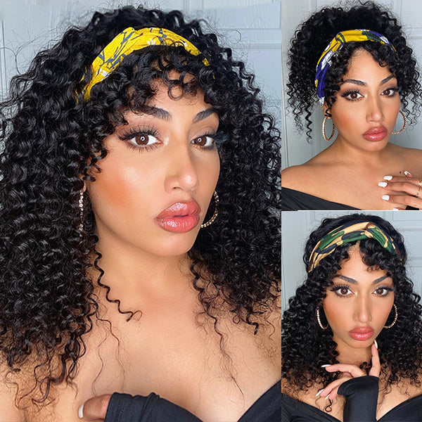 Worth |Natural Black Deep Curly Headband Wig With Bangs 16-20 inches