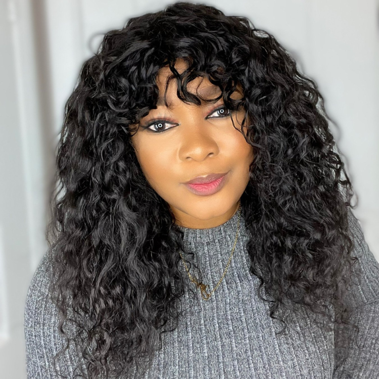 Worth |Throw On & Go Natural Black Water Wave Minimalist Lace Glueless Wig With Bangs