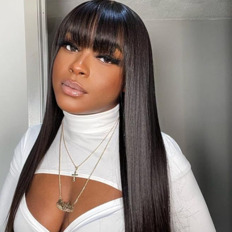 Worth |Natural Black Straight No Lace Glueless With Bangs Wig